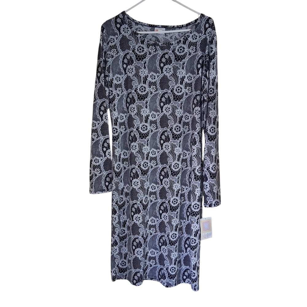Lularoe Debbie Black White Lace Print Dress Size 2XL Jersey Stretch Long Sleeve